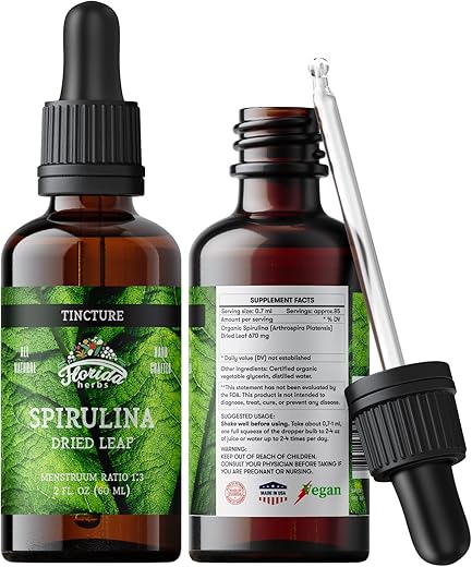 FLORIDA HERBS - Spirulina Tincture: Extrato Orgânico de Spirulina (Arthrospira Platensis) em Glicerina Vegetal Orgânica, 700 mg, 60 ml