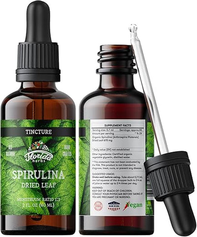 FLORIDA HERBS - Spirulina Tincture: Extrato Orgânico de Spirulina (Arthrospira Platensis) em Glicerina Vegetal Orgânica, 700 mg, 60 ml