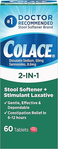 2 em 1: Laxante Estimulante e Amolecedor de Fezes para Alívio Suave e Eficaz da Constipação, Docusato de Sódio e Senosídeos, 60 Comprimidos - Colace