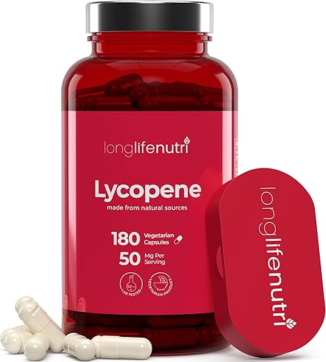 LongLifeNutri - Lycopene 50mg 180 Cápsulas Vegetarianas | Suplemento Saúde | Extrato Natural de Tomate Não-OGM | Pó Puro