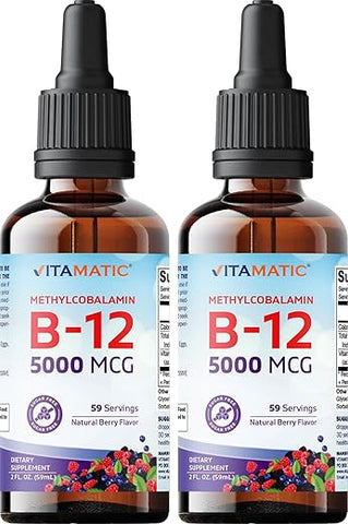 2 Packs Vitamina B12 Líquida de Ação Rápida 5000 mcg (Methylcobalamin) – Sabor Natural de Frutas Vermelhas – Suplemento Sublingual – Absorção Mais Rápida – 60 ml - Vitamatic