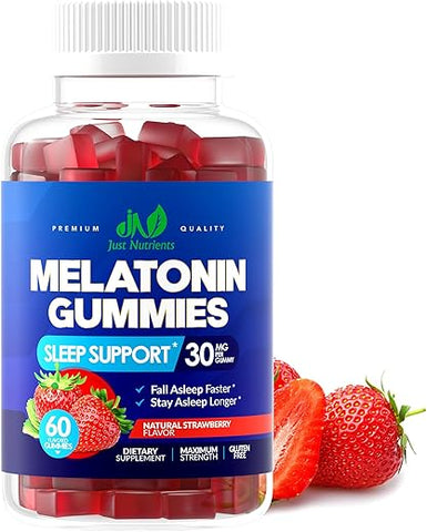 Just Nutrients - Melatonina 30mg Gummies para Adultos (60 Porções) – Auxílio Máximo para o Sono com 30mg de Melatonina por Gummy – Sem Glúten, Sem Açúcar, Não-OGM, 100% Vegetariano, Sabor Morango