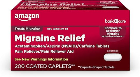 Alívio de Enxaqueca Acetaminofeno, Aspirina (AINE) e Cafeína Comprimidos, Analgésico/Auxiliar de Alívio da Dor, 200 Unidades - Amazon Basic Care