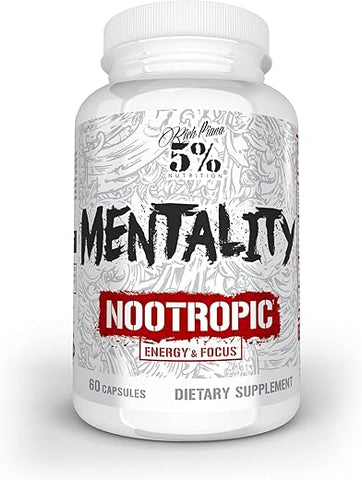 5% Nutrition - 5%% Nutrition Rich Piana Mentality – Suplemento Nootrópico para Performance, Memória e Clareza Mental – Ginseng, Ginkgo, L-Theanine, Colina, Huperzine – 60 cápsulas