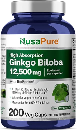 Extrato de Ginkgo Biloba 12.500mg por Cápsula Vegetal 200 Cápsulas (Vegetariano, Não-OGM, Vegano, Extrato 50:1) Bioperina - NusaPure