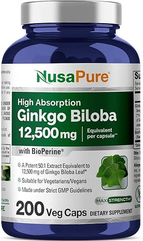 Extrato de Ginkgo Biloba 12.500mg por Cápsula Vegetal 200 Cápsulas (Vegetariano, Não-OGM, Vegano, Extrato 50:1) Bioperina - NusaPure