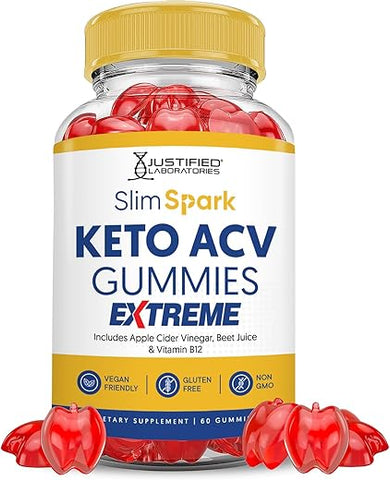 Justified Laboratories - Slim Spark Keto ACV Gummies Extreme 2000MG – Gomas Slimspark Keto de Vinagre de Maçã Formuladas com Suco de Romã e Beterraba em Pó B12 Vegan Non GMO 60 Gomas