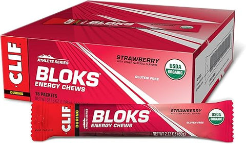 Clif Bloks - CLIF BLOKS – Sabor Morango – Gomas Energéticas – Não-OGM – Baseado em Plantas – Combustível Rápido para Ciclismo e Corrida – Carboidratos e Eletrólitos Rápidos – 60g (18 Unidades)