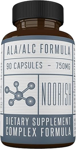 NOORISH - Acetyl L-Carnitine com Ácido Alfa Lipóico – ALA ALC ALCAR – Ácido Alfa Lipóico com Acetyl L-Carnitine – 525 mg ALCAR – 225 mg ALA – 90 Cápsulas