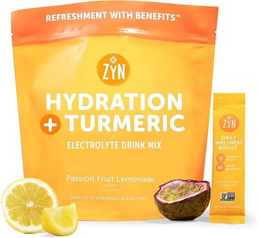 Pó de Cúrcuma, Mistura de Bebida Eletrolítica em Pacotes de Hidratação 32 Porções | Maracujá Limonada | Pó de Eletrólitos Saudável com Cúrcuma, Vitamina C, Zinco - ZYN