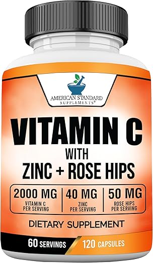 Vitamina C 2000mg, Zinco 40mg e Rose HIPS 50mg Por Porção – Vegano, Sem Glúten, Não-OGM, 120 Cápsulas, 60 Porções - American Standard Supplements