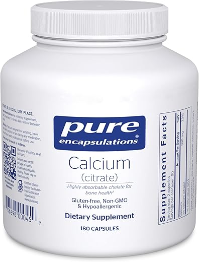 Suplemento de Cálcio (Citrate) Pure Encapsulations – Suporte para Saúde Óssea, Dental, do Cólon e Cardiovascular* – com Citrato de Cálcio Premium – 180 Cápsulas