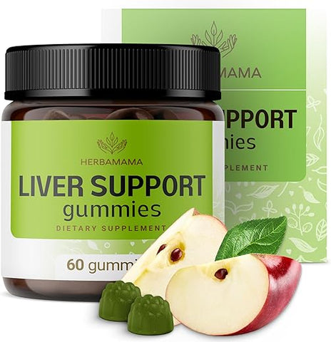 Gummies de Suporte ao Fígado – Complexo Herbal para Desintoxicação e Limpeza do Fígado – Vegano, Livre de Gelatina, Não-OGM – 60 Chews de Saúde do Fígado com Sabor de Maçã - HERBAMAMA