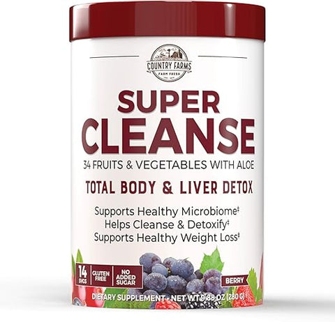 Super Cleanse: Pó para Bebida Detox de Suco de 34 Frutas e Vegetais com Aloe, Promove Desintoxicação Natural e Saúde Digestiva, 14g - COUNTRY FARMS