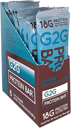 Barra de Proteína G2G, Amêndoa com Chocolate Chip, Ingredientes Naturais, Refrigerada para Frescor, Lanche Saudável, Substituto de Refeição Delicioso, Sem Glúten, 8 Unidades (Embalagem com 8)