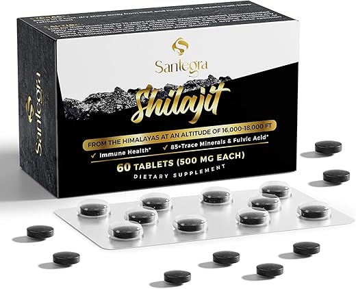 Santegra - 30,000 MG de Comprimidos de Shilajit, 100%% Puro de Shilajit, 60 Unidades – Shilajit Himalaia Orgânico Rico em Ácido Fúlvico