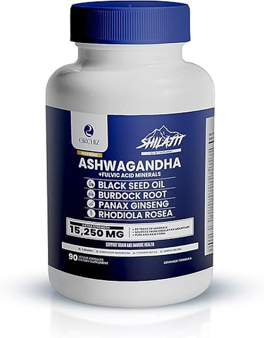 Orchiz - Certified Organic Ashwagandha com Shilajit, Óleo de Semente Preta, Raiz de Bardana, Ginseng Panax, Rhodiala Rosea, Ginkgo Biloba, Cúrcuma, Teste de Laboratório – 15250mg, 90 Cápsulas