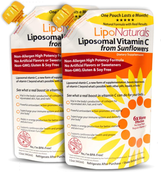 Lipo Naturals - Vitamina C Lipossomal 1000mg Líquida (2-Pack 60 Doses) – Fórmula Natural de Suporte à Imunidade e Energia – Vegano, Livre de China (443ml cada)