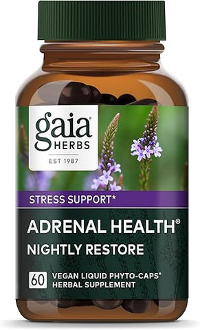 Adrenal Health Nightly Restore – Suplemento Herbal com Ashwagandha, Casca de Magnólia, Cordyceps, Melissa e Mais – 60 Cápsulas Líquidas Veganas de Fitoterapia (30 Porções) - Gaia Herbs