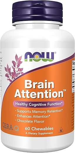 Supplements, Brain Attention™ com Cera-Q™, Função Cognitiva Saudável*, 60 Chewables | Melhore o Foco e a Memória | Marca NOW Foods - NOW Foods