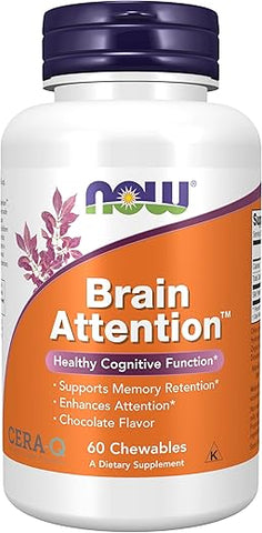 Supplements, Brain Attention™ com Cera-Q™, Função Cognitiva Saudável*, 60 Chewables | Melhore o Foco e a Memória | Marca NOW Foods - NOW Foods