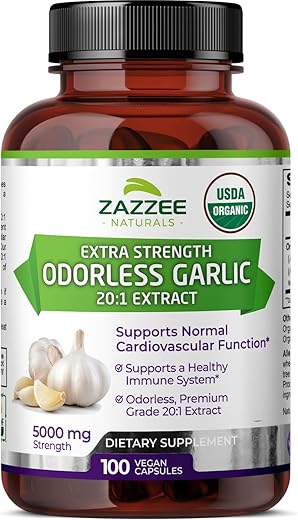 Extrato de Alho Orgânico Odorless USDA 20:1, 5000 mg de Força, 100 Cápsulas Veganas, Suprimento de 3 Meses, Padronizado, Extrato Concentrado 20X, 100% Vegetariano, Natural - Zazzee