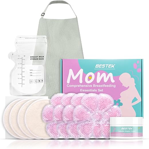 BESTEK - Kit Essencial para Amamentação – Absorventes de Amamentação, Cobertura para Amamentação, Creme para Mamilos, Sacos de Armazenamento de Leite Materno, Bolsas Térmicas para Terapia Quente e Fria, Conjunto de Presente com 40 Peças