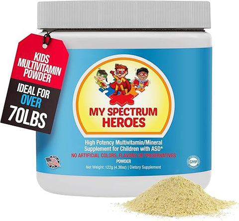 My Spectrum Heroes - Multivitamínico Infantil em Pó – Fácil de Misturar, Melhor Absorção, Não-OGM, Sem Glúten, Sem Ingredientes Artificiais – Ajuda Neural para Crianças no Espectro – [Nome da Marca]