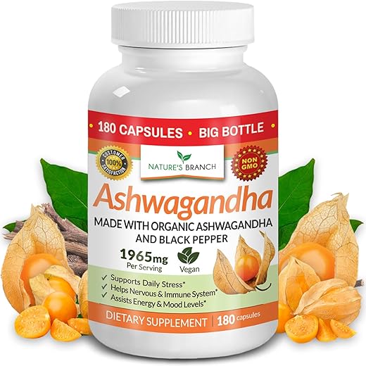 Nature's Branch - Ashwagandha Orgânica Certificada UDAF com Pimenta Preta – 180 Cápsulas – 1965mg Extra Forte para Estresse, Sono, Humor, Tireoide, Concentração, Cabelo, Extrato Puro de Raiz Vegano – Homens