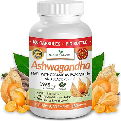 Nature's Branch - Ashwagandha Orgânica Certificada UDAF com Pimenta Preta – 180 Cápsulas – 1965mg Extra Forte para Estresse, Sono, Humor, Tireoide, Concentração, Cabelo, Extrato Puro de Raiz Vegano – Homens