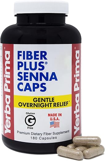 Fiber Plus Senna Cápsulas, 180 Unidades – Alívio Suave Durante a Noite, Fabricado nos EUA, Não-OGM, Certificado Livre de Glúten, para Uso de Curto Prazo para Restaurar a Regularidade - Yerba Prima
