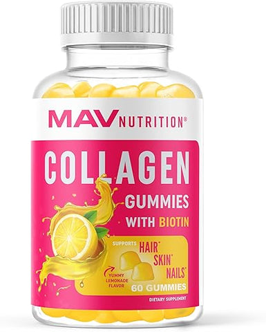 MAV NUTRITION - Gomas de Colágeno para Mulheres | 200mg Colágeno Hidrolisado 2500mcg Biotina, Com Vitamina C, E
