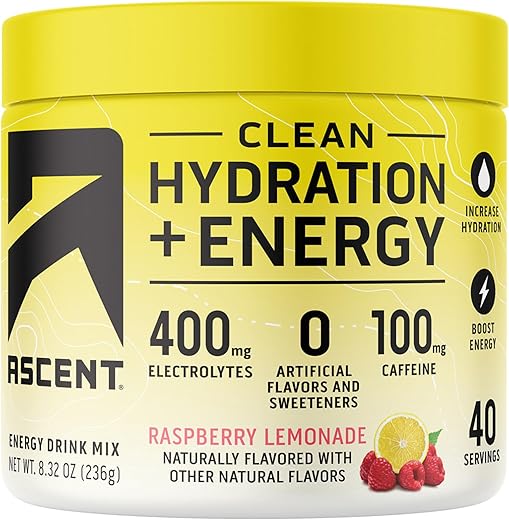 Clean Hydration Energy Pó de Eletrólitos – 100mg Cafeína, 400mg Eletrólitos, Sem Ingredientes Artificiais, Sabor Limonada Framboesa 40 Porções - Ascent