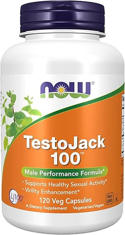 Supplements TestoJack™ 100 com LJ100® – Extrato Padronizado Potente de Tongkat Ali, Tribulus e ZMA® – 120 Cápsulas Vegetais - NOW Foods