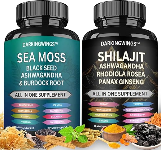 Darkingwings - Combo Shilajit e sea moss – Sea Moss 3000mg, Black Seed Oil 2000mg, Ashwagandha 2000mg, Shilajit 9000mg, Rhodiola Rosea 1000mg, Panax Ginseng 1500mg | sea moss e shilajit