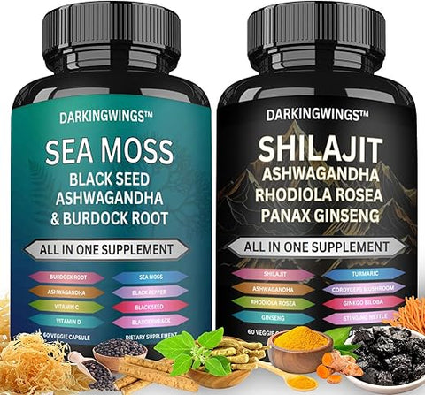 Darkingwings - Combo Shilajit e sea moss – Sea Moss 3000mg, Black Seed Oil 2000mg, Ashwagandha 2000mg, Shilajit 9000mg, Rhodiola Rosea 1000mg, Panax Ginseng 1500mg | sea moss e shilajit
