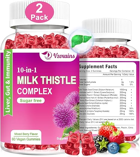 VZOXAINS - Gomas de Cardo Mariano 1500mg, Fórmula Herbal 10 em 1 para Limpeza, Desintoxicação e Reparo do Fígado com Raiz de Dente-de-leão, Cúrcuma, Alcachofra. Função Hepática Ótima e Saúde Digestiva Mista