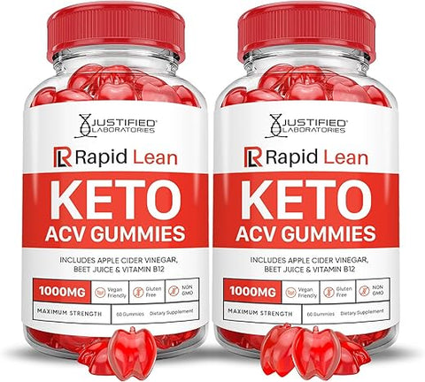 Justified Laboratories - (2 Pacotes) Gomas Rapid Lean Keto ACV Fórmula Avançada 1000MG Rapid Lean Keto Gomas Vinagre de Maçã Formulado com Romã e Beterraba em Pó B12 Vegano Não GMO 120 Gomas