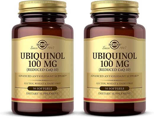 SOLGAR - Solgar Ubiquinol 100mg (CoQ-10 Reduzido), 50 Softgels – 2 Pacotes – Suporte Avançado de Antioxidantes, Saúde Cardíaca, Saúde Geral – Livre de Glúten, Sem Lactose – 100 Porções Totais