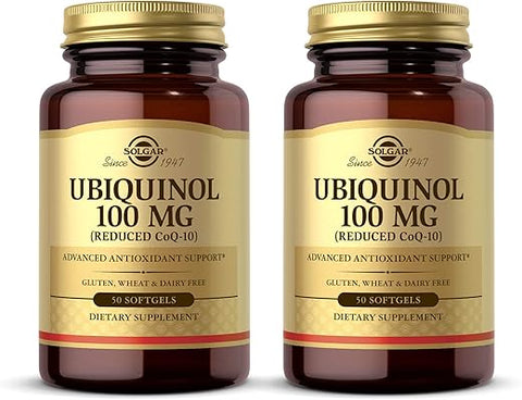 SOLGAR - Solgar Ubiquinol 100mg (CoQ-10 Reduzido), 50 Softgels – 2 Pacotes – Suporte Avançado de Antioxidantes, Saúde Cardíaca, Saúde Geral – Livre de Glúten, Sem Lactose – 100 Porções Totais