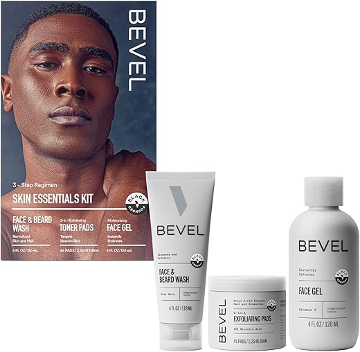 Conjunto de Cuidados com a Pele Bevel – Inclui Gel de Limpeza Facial com Aloe Vera, Pads Esfoliantes com Ácido Glicólico, Hidratante Facial Leve, Ajuda a Tratar Manchas, Protuberâncias e Descoloração (Embalagem…)