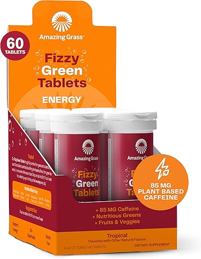 Fizzy Green Tablets Energy Tropical: Comprimidos Efervescentes de Chá Verde com Cafeína, Sabor de Água, Antioxidantes, 10 Unidades (Embalagem com 6) - Amazing Grass