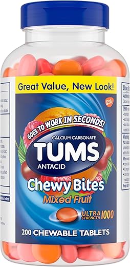 Chewy Bites – Tabletes mastigáveis de antiácido para alívio ultrarrápido da azia – Frutas Variadas – 200 unidades - TUMS