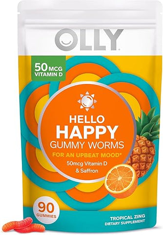 Hello Happy Gummy Worms – Equilíbrio do Humor, Vitamina D, Açafrão, Suplemento Mastigável para Adultos, Livre de Glúten, Sabor Tropical – 90 Unidades - OLLY