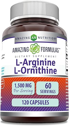 Amazing Nutrition - Amazing Formulas L-Arginina/L-Ornitina 1500 Mg Por Porção, Cápsulas | Não-OGM | Sem Glúten | Suplemento de Aminoácidos (120 Unidades)