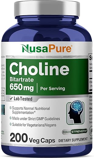 Choline Bitartrate 650 mg – 200 Cápsulas Vegetarianas (Vegano, Livre de Transgênicos) - NusaPure
