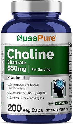 Choline Bitartrate 650 mg – 200 Cápsulas Vegetarianas (Vegano, Livre de Transgênicos) - NusaPure