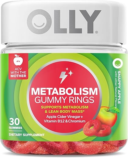 Anéis de Goma Metabolismo, Vinagre de Maçã, Vitamina B12, Cromo, Energia e Saúde Digestiva, Suplemento Mastigável, Sabor Maçã – 30 Unidades - OLLY