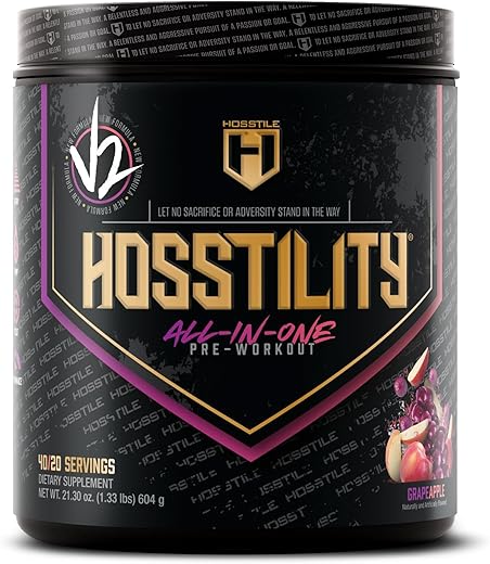 Hosstility V2 Pré-Treino, Pó Pré-Treino All-in-One para Homens e Mulheres, Aumenta a Bomba Muscular, Aumenta a Energia, Potencializa a Força, Aumenta o Foco, Sabor Uva Maçã, 40 Porções - HOSSTILE