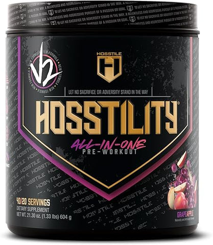 Hosstility V2 Pré-Treino, Pó Pré-Treino All-in-One para Homens e Mulheres, Aumenta a Bomba Muscular, Aumenta a Energia, Potencializa a Força, Aumenta o Foco, Sabor Uva Maçã, 40 Porções - HOSSTILE